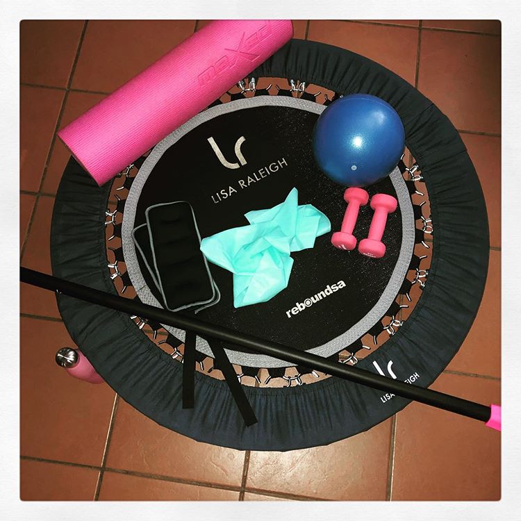 Rebounder with weight bar, dumb bells, pilatus ball and resistance band